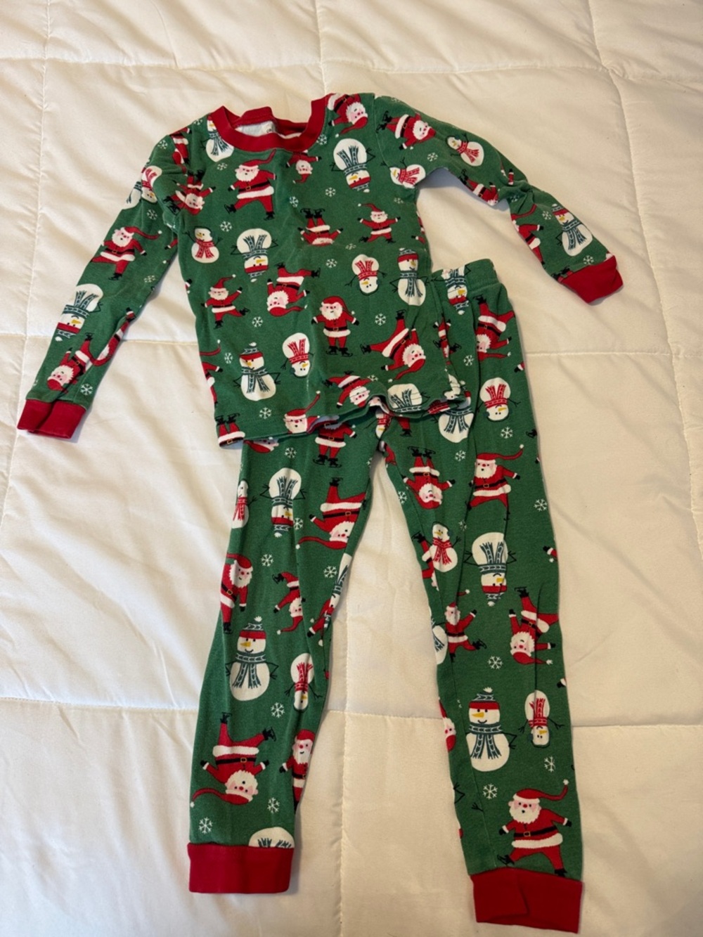 Kids Green Santa & Snowman Holiday Pajama Set - Long Sleeve & Pants